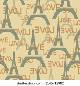 Seamless background with the Eiffel tower and  word love.