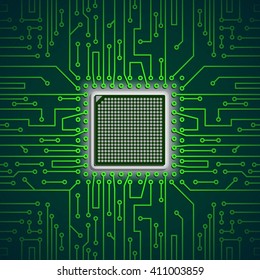 Seamless background of electrical circuit. Processor chip on the electrical board. Vector illustration