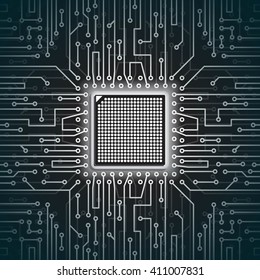 Seamless background of electrical circuit. Processor chip on the electrical board. Vector illustration