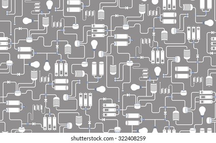 Seamless background of electrical scheme, technological process scheme on grey background