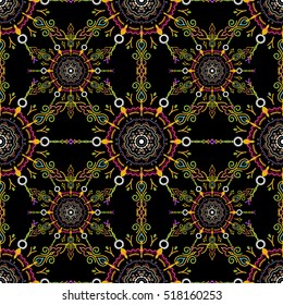 Seamless background. Elegant vector damask wallpaper. Vintage seamless pattern in green, yellow and orange colors.