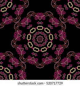 Seamless background. Elegant vector damask wallpaper. Vintage seamless pattern in red, purple and yellow colors.