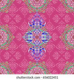 Seamless background. Elegant vector damask wallpaper. Vintage seamless pattern in green and pink colors.