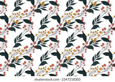 Seamless background with elements of branches with leaves and berries.