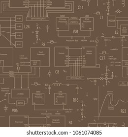 Seamless background with elements of electronic circuits, in the style of technical documentation , beige outline on a brown background