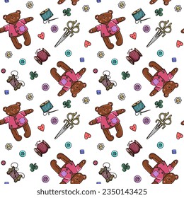 Seamless background with elements for embroidery. Buttons, scissors, bear, teddy, bobbin, thread, fashion, textile, design.