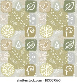 seamless background from elements of forest flora and fauna
