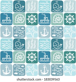 seamless background from elements of sea flora and fauna