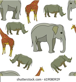 Seamless background with elephant giraffe and rhinoceros.