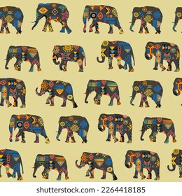 Seamless background with elephants made of ethnic symbols pattern