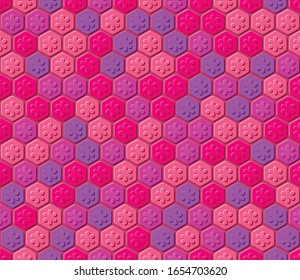 Seamless background. Embossed honeycomb pattern with flowers in pink and lilac tones