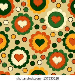 Seamless background with embroidered hearts, romantic pattern