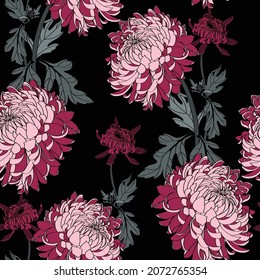 Seamless background with embroidery and Japanese simple colored bordo chrysanthemums on black background. Inscription Autumn garden of chrysanthemums.