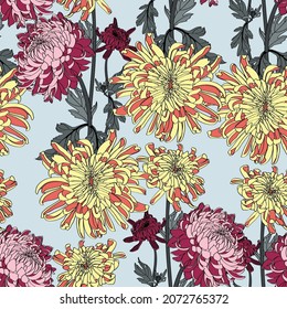 Seamless background with embroidery and Japanese simple colored yellow bordo chrysanthemums on blue. Inscription Autumn garden of chrysanthemums.