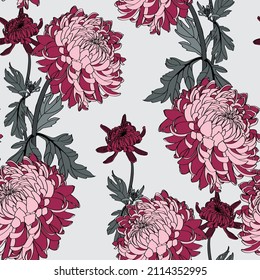 Seamless background with embroidery and Japanese simple colored bordo chrysanthemums on blue. Inscription Autumn garden of chrysanthemums.