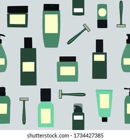 Seamless background with empty and clean green containers: bottles, face razor, spray, cream jar and tube. Cosmetology and dermatology concept. Hand drawn vector Illustration.
