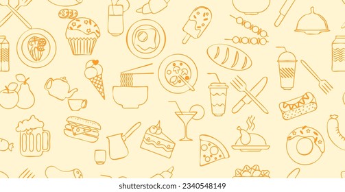 Seamless background. Endless pattern with burger, hot dog, pizza and other food and drinks. Orange vector pattern on a warm light background. Best for restaurants, cafes, bars and food courts