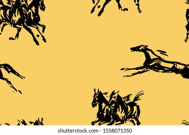 Seamless background, endless pattern for decoration.Hand drawings of galloping horses on a colored and white, transparent background, drawn with a dry brush 