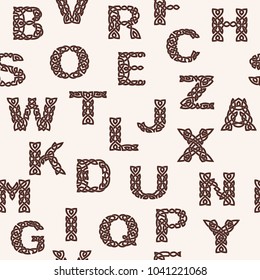 Seamless background with english alphabet with Celtic national ornament as interlaced ribbon isolated on a beige background.
