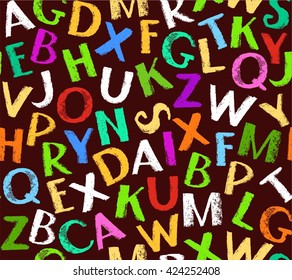 Seamless background, English letters, color, brown. Vector. The imitation of the texture of crayons and pencils. Flat style. 