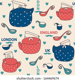 Seamless background in english style. London, UK, England. English tea-drinking.