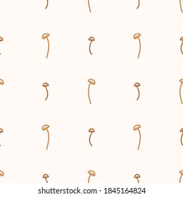 Seamless background enoki mushroom gender neutral pattern. Whimsical minimal earthy 2 tone color. kids nursery wallpaper or boho cartoon fungi fashion all over print. 