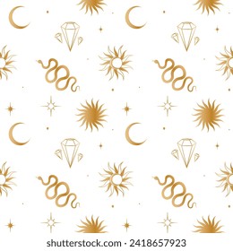 Fondo incomparable con símbolos dorados esotéricos. patrón con estrellas, serpientes, cristal, sol, luna, diamante. Papel envuelto.
