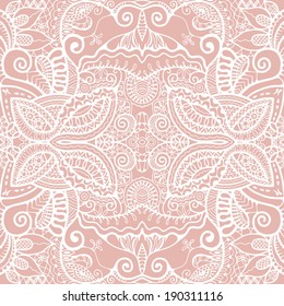 Seamless background, ethnic ornament, vector lace pattern, pink abstract decoration, hand drawn artwork