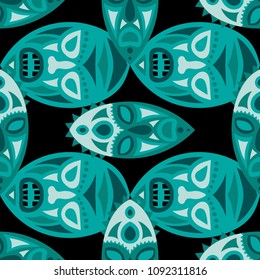 Seamless Background. Ethnic Seamless Pattern with Color Masks for Poster or Banner. Ethnic Seamless Background with Color Trible Ritual Masks for your Design. Vector Texture.