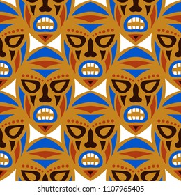 Seamless Background. Ethnic Seamless Pattern with Color Masks for Poster or Banner. Ethnic Seamless Pattern with Color Trible Shamanic Masks for your Design. Vector Texture.