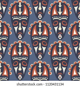 Seamless Background. Ethnic Seamless Pattern with Color Masks for Card or Poster. Ethnic Seamless Pattern with Color Trible Shamanic Masks for your Design. Vector Texture.
