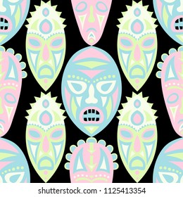 Seamless Background. Ethnic Seamless Pattern with Color Masks for Textile or Paper. Ethnic Seamless Background with Color Trible Ritual Masks for your Design. Vector Texture.