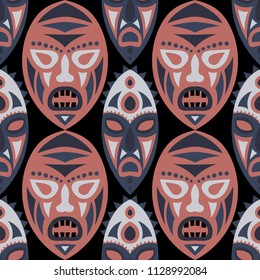 Seamless Background. Ethnic Seamless Pattern with Color Masks for Print or Card. Ethnic Seamless Pattern with Color Trible Shamanic Masks for your Design. Vector Texture.