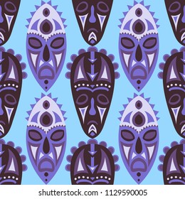 Seamless Background. Ethnic Seamless Pattern with Color Masks for Textile or Paper. Ethnic Seamless Background with Color Trible Ritual Masks for your Design. Vector Texture.
