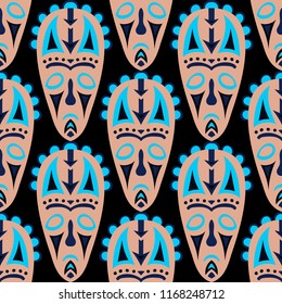 Seamless Background. Ethnic Seamless Pattern with Color Masks for Card or Poster. Ethnic Seamless Background with Color Trible Ritual Masks for your Design. Vector Texture.