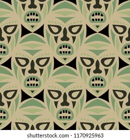 Seamless Background. Ethnic Seamless Pattern with Color Masks for Print or Card. Ethnic Seamless Background with Color Trible Ritual Masks for your Design. Vector Texture.