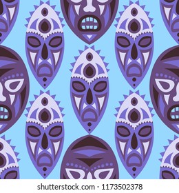 Seamless Background. Ethnic Seamless Pattern with Color Masks for Card or Poster. Ethnic Seamless Background with Color Trible Ritual Masks for your Design. Vector Texture.