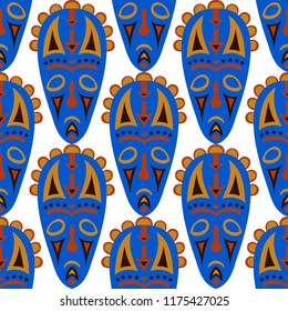 Seamless Background. Ethnic Seamless Pattern with Color Masks for Poster or Banner. Ethnic Seamless Pattern with Color Trible Shamanic Masks for your Design. Vector Texture.