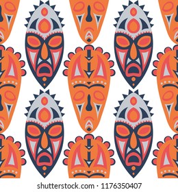 Seamless Background. Ethnic Seamless Pattern with Color Masks for Poster or Banner. Ethnic Seamless Pattern with Color Trible Shamanic Masks for your Design. Vector Texture.