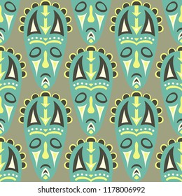 Seamless Background. Ethnic Seamless Pattern with Color Masks for Print or Card. Ethnic Seamless Pattern with Color Trible Shamanic Masks for your Design. Vector Texture.