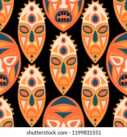 Seamless Background. Ethnic Seamless Pattern with Color Masks for Card or Poster. Ethnic Seamless Pattern with Color Trible Shamanic Masks for your Design. Vector Texture.