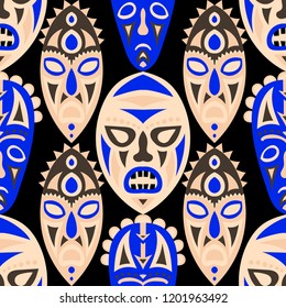 Seamless Background. Ethnic Seamless Pattern with Color Masks for Poster or Banner. Ethnic Seamless Background with Color Trible Ritual Masks for your Design. Vector Texture.