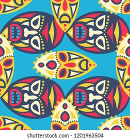 Seamless Background. Ethnic Seamless Pattern with Color Masks for Poster or Banner. Ethnic Seamless Pattern with Color Trible Shamanic Masks for your Design. Vector Texture.