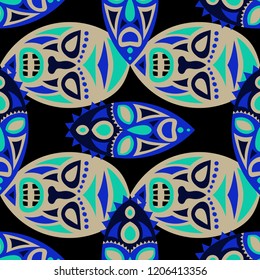 Seamless Background. Ethnic Seamless Pattern with Color Masks for Card or Poster. Ethnic Seamless Background with Color Trible Ritual Masks for your Design. Vector Texture.