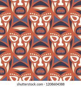 Seamless Background. Ethnic Seamless Pattern with Color Masks for Print or Card. Ethnic Seamless Background with Color Trible Ritual Masks for your Design. Vector Texture.