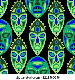 Seamless Background. Ethnic Seamless Pattern with Color Masks for Poster or Banner. Ethnic Seamless Background with Color Trible Ritual Masks for your Design. Vector Texture.