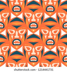 Seamless Background. Ethnic Seamless Pattern with Color Masks for Print or Card. Ethnic Seamless Pattern with Color Trible Shamanic Masks for your Design. Vector Texture.