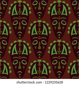 Seamless Background. Ethnic Seamless Pattern with Color Masks for Poster or Banner. Ethnic Seamless Background with Color Trible Ritual Masks for your Design. Vector Texture.