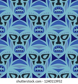 Seamless Background. Ethnic Seamless Pattern with Color Masks for Print or Card. Ethnic Seamless Pattern with Color Trible Shamanic Masks for your Design. Vector Texture.