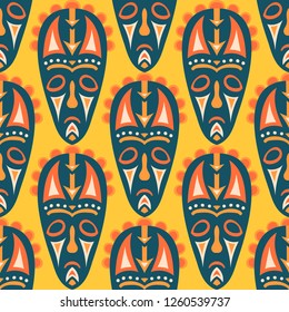 Seamless Background. Ethnic Seamless Pattern with Color Masks for Card or Poster. Ethnic Seamless Pattern with Color Trible Shamanic Masks for your Design. Vector Texture.